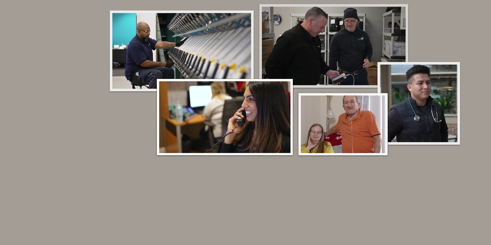 collage of employees working and a patient with his wife.